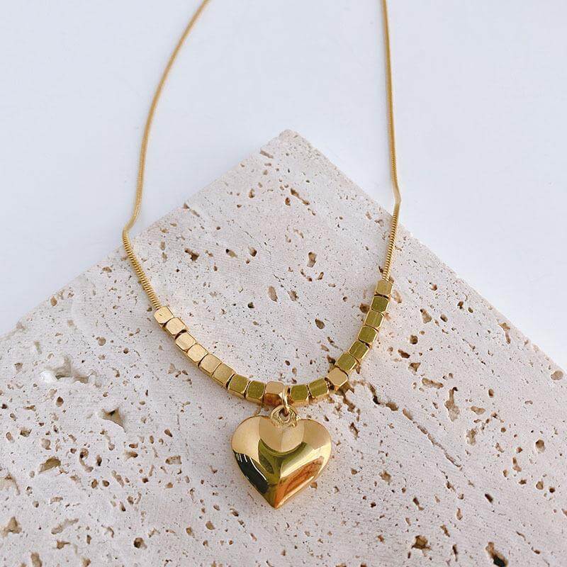 Heart Pendant Gold Cube Layering Necklace