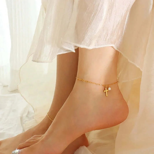 18K Gold Pearl Cross Anklet Chain