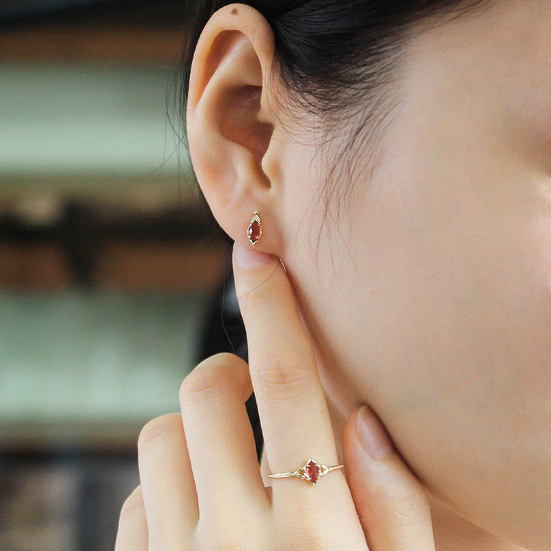 Gold Red Garnet Ring Earrings