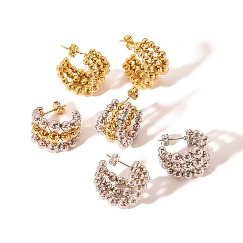 Gold Silver Beaded C Earrings