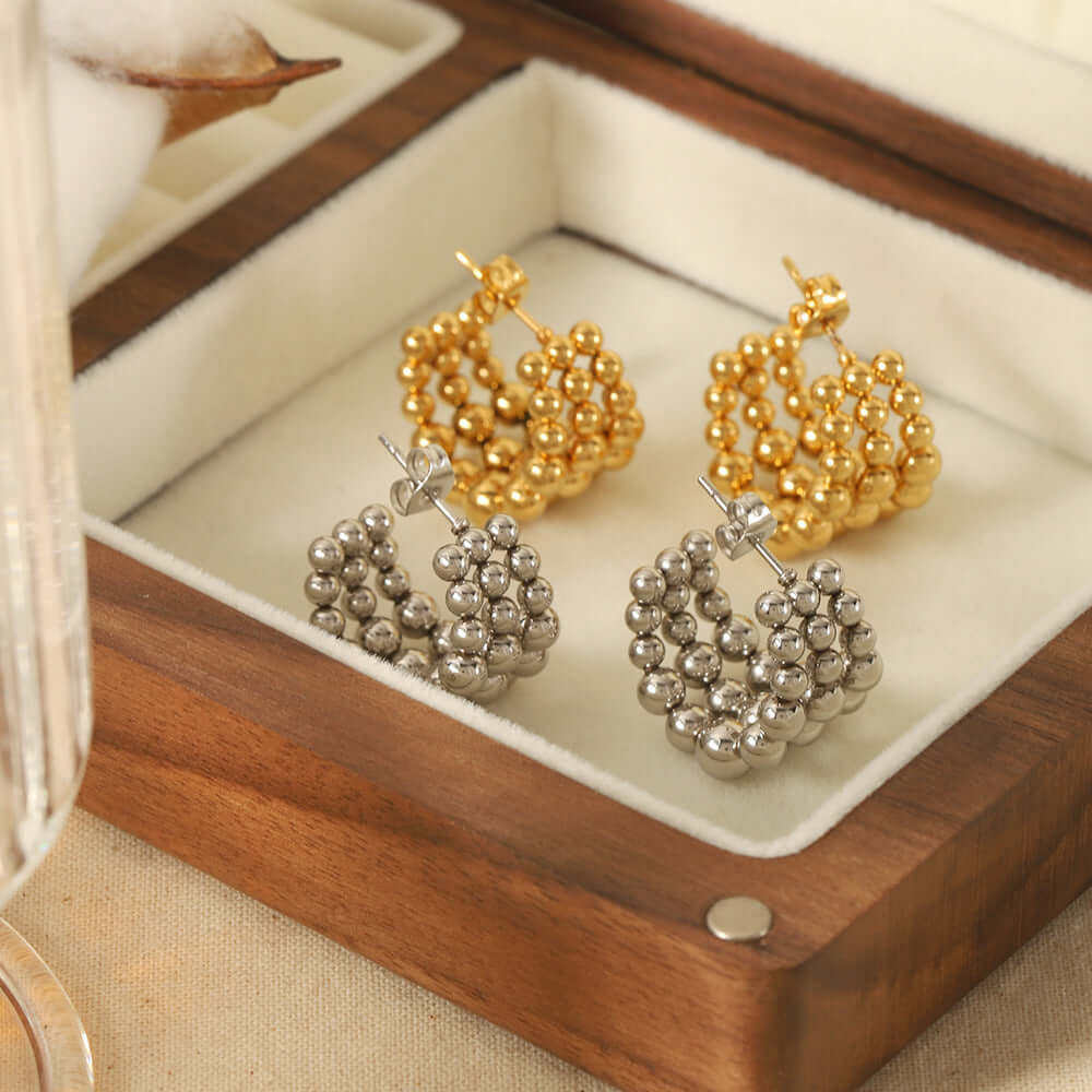 Gold Silver Beaded C Hoop Earrings