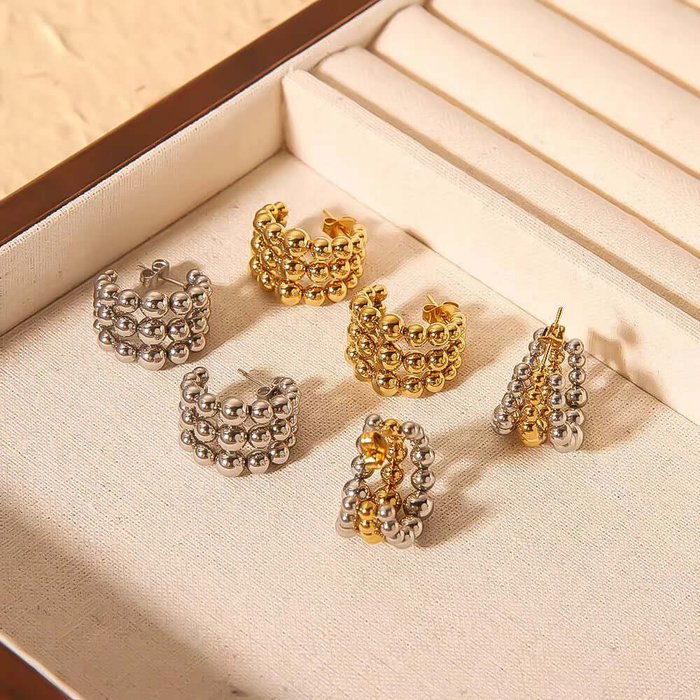 Chunky Fat C Hoop Two Tone Beaded Earrings