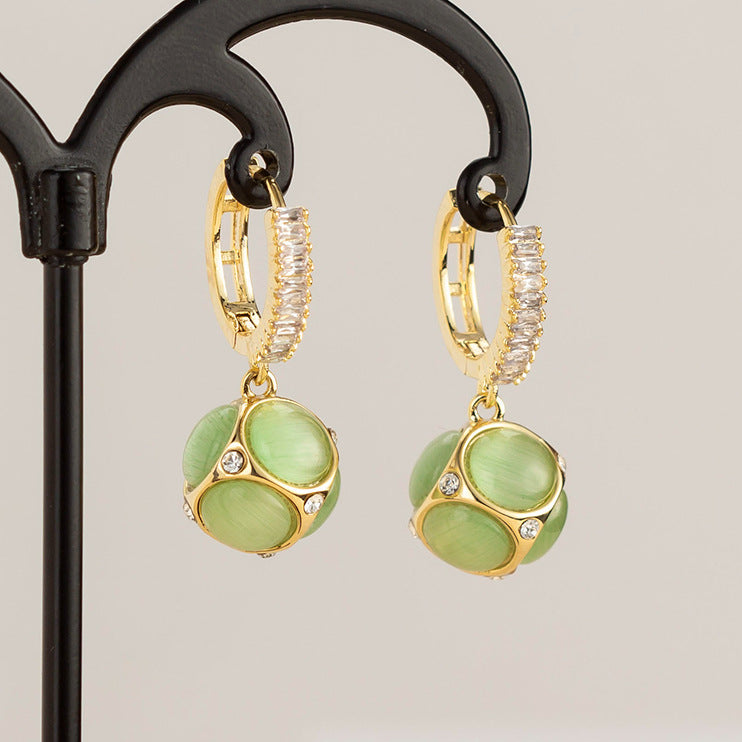 Green Cat Eye Stone Gold Earrings