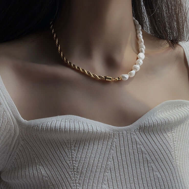 Baroque Freshwater Pearl with Rope Chain Half Necklace