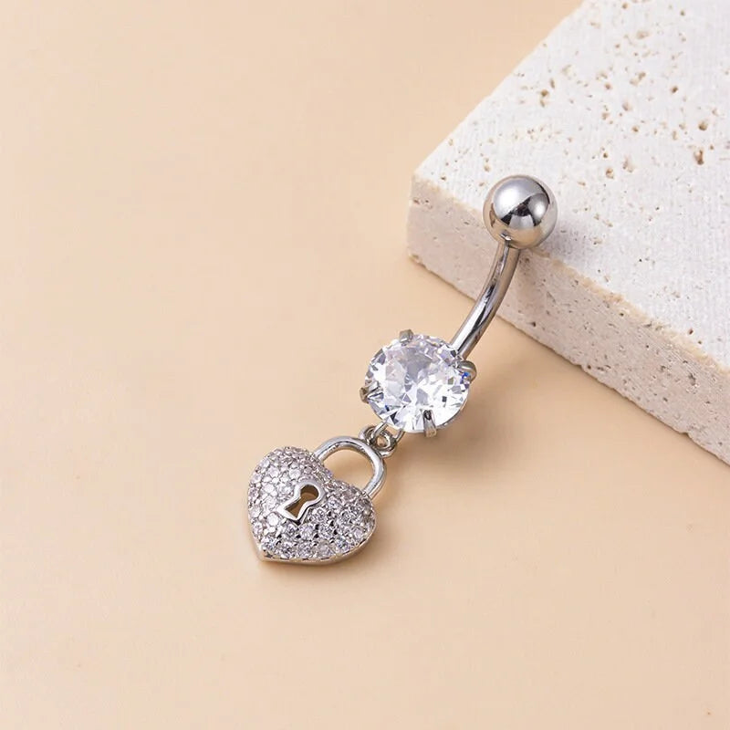 14G Surgical Steel Dangle Navel Ring, Heart Belly Button Ring