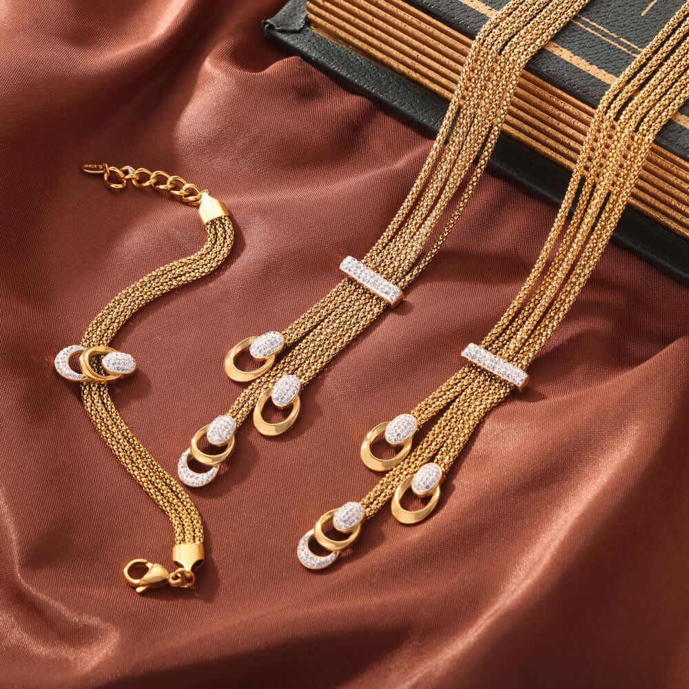 Statement 18K Gold  Mesh Waterfall Tassel Necklace Bracelet Set