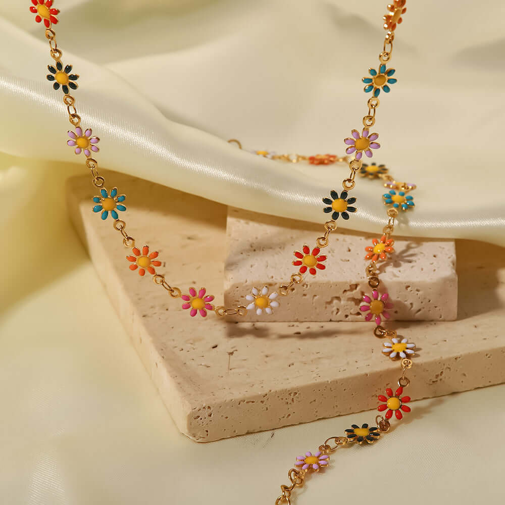 Gold Titanium Flower Bracelet, Enamel Necklace, White Floral Necklace