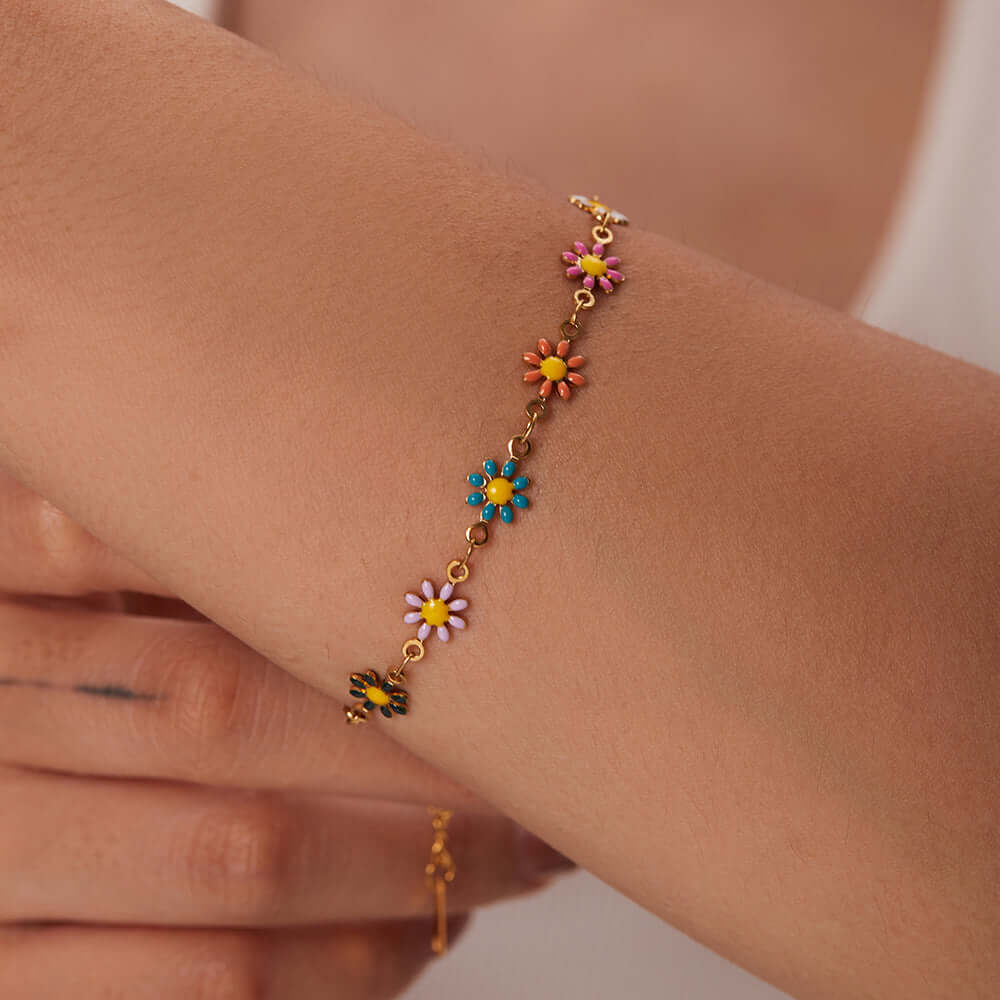Gold Titanium Flower Bracelet, Enamel Necklace, White Floral Necklace