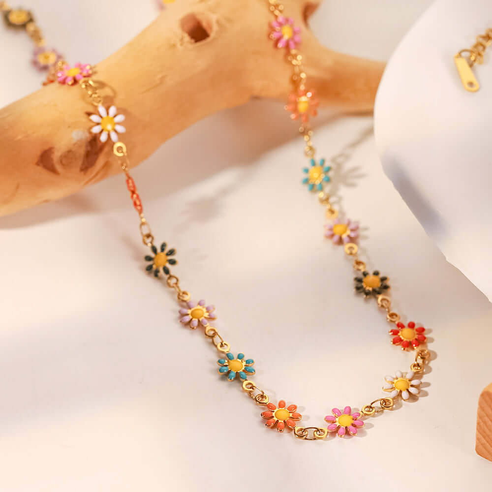Gold Titanium Flower Bracelet, Enamel Necklace, White Floral Necklace