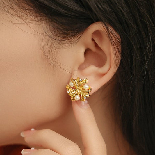 Vintage Metallic Pearl Stud Earrings