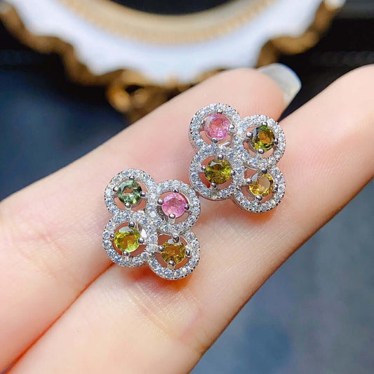 Multicolor Gemstone Flower Stud Earrings