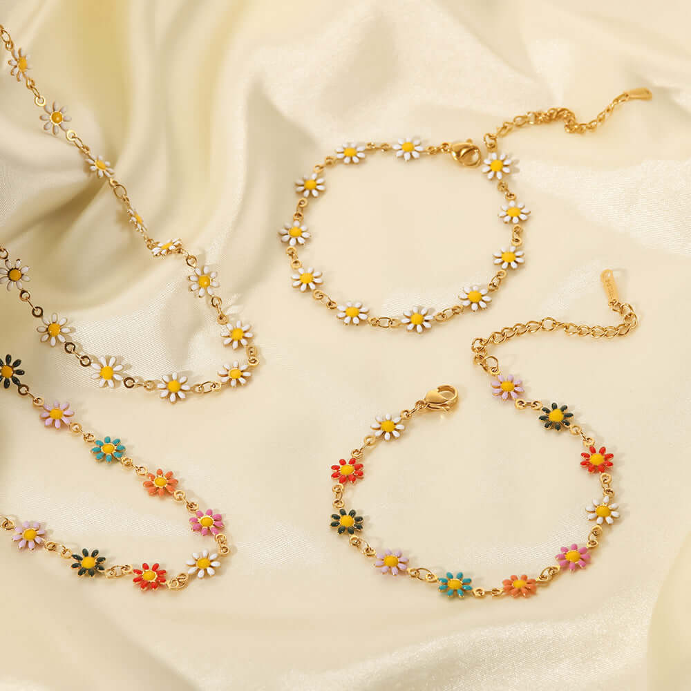 Gold Titanium Flower Bracelet, Enamel Necklace, White Floral Necklace