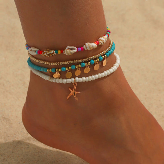 Conch Shell Layered Summer Beach Anklet Set