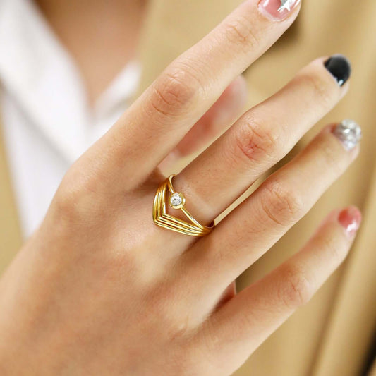 18K Gold Bezel Chevron Ring Stackable
