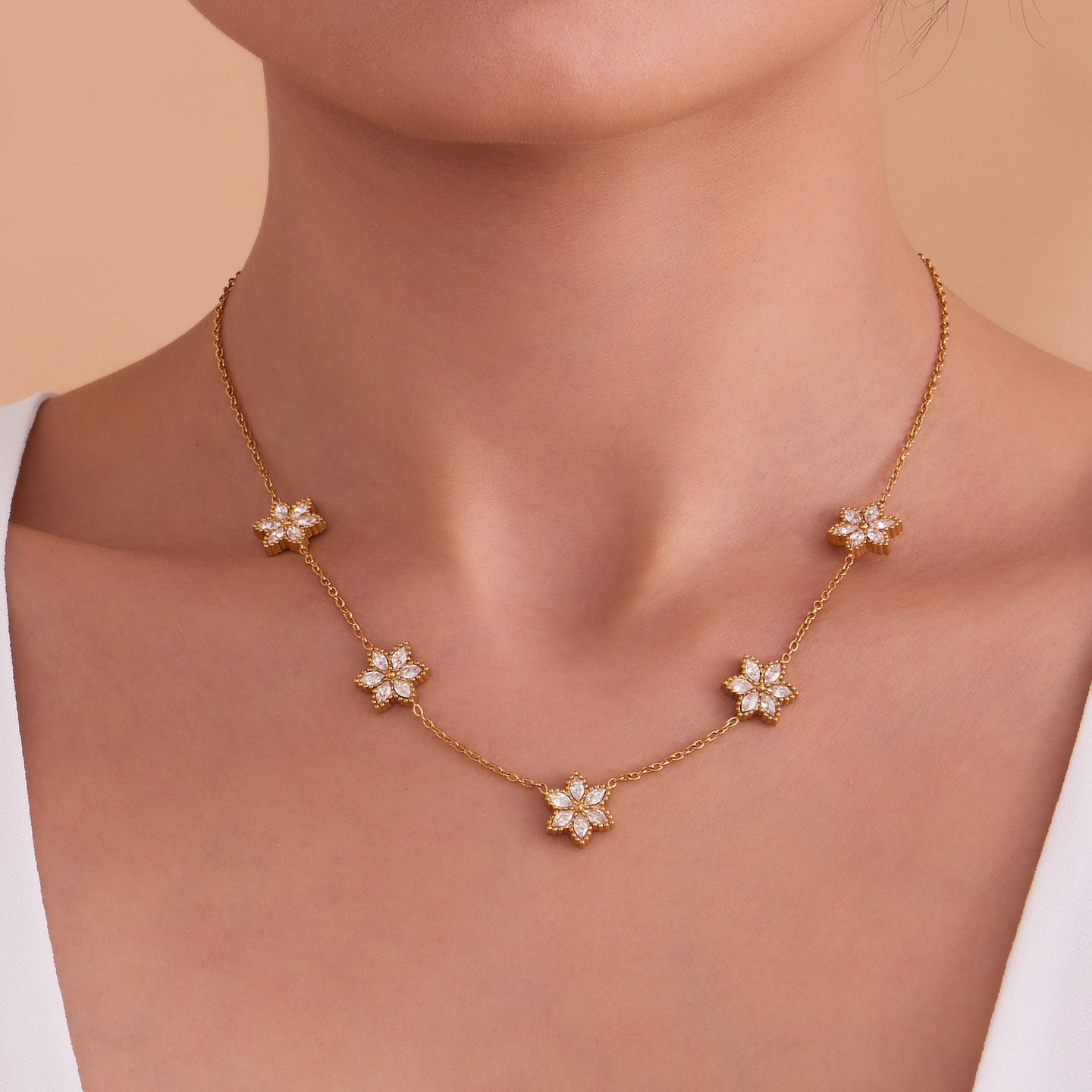 Vintage Gold Flower Lariat Necklace Layered
