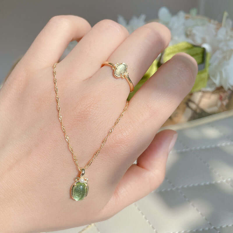 Green Fluorite Gemstone Earrings and Necklace