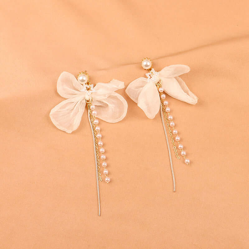 Elegant Chiffon Pearl Bow Long Chain Earrings