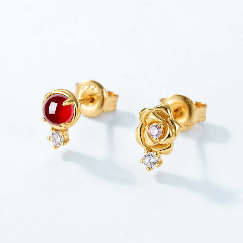 Asymmetric Red Garnet Rose Stud