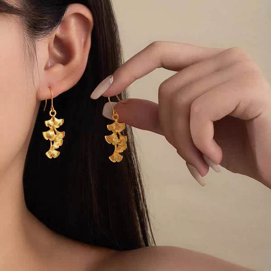 Golden Ginkgo Leaf Dangle Earrings