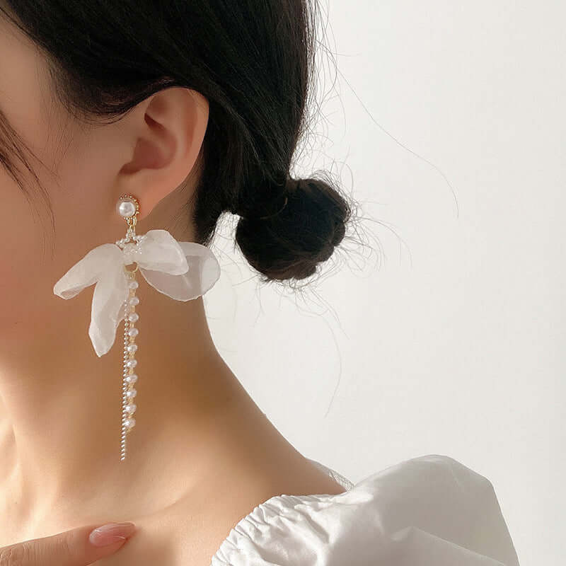 Elegant Chiffon Pearl Bow Long Chain Earrings
