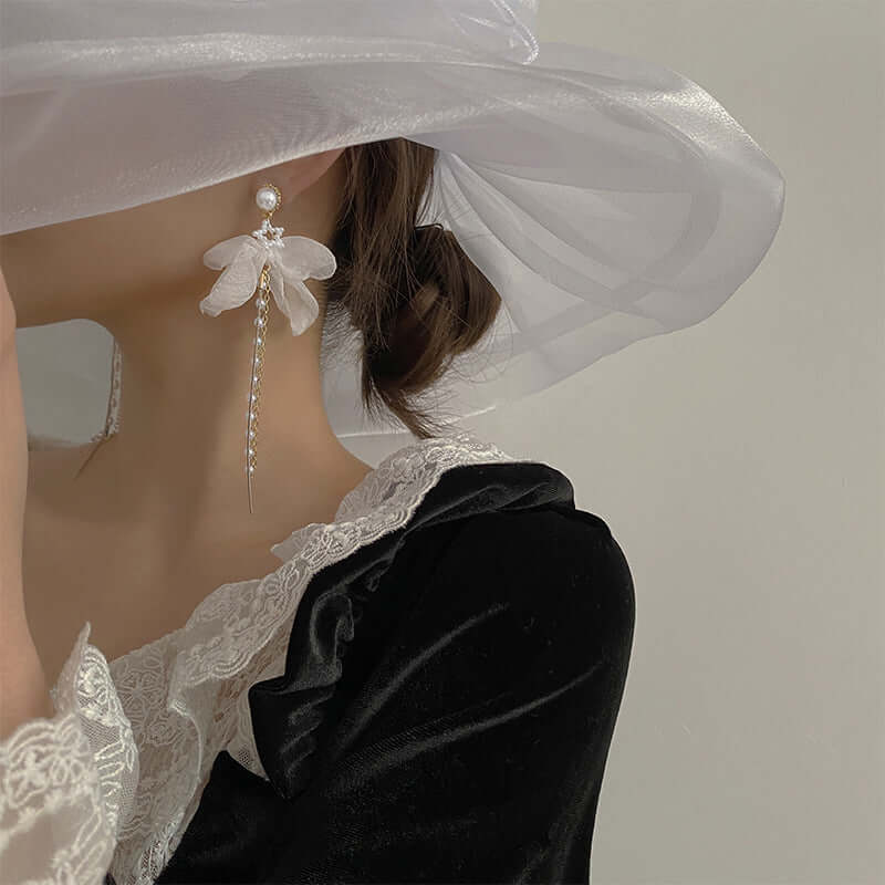 Elegant Chiffon Pearl Bow Long Chain Earrings