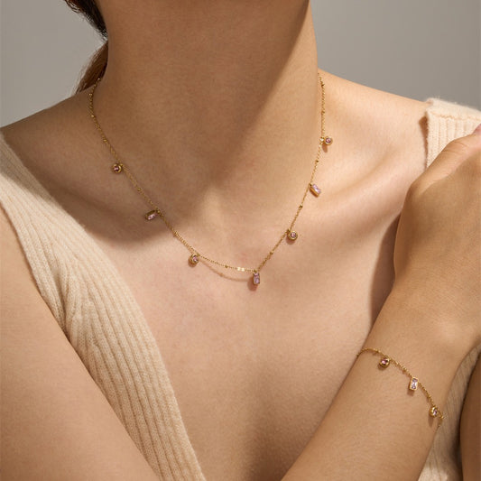 18K Gold Plated Baguette Charm Necklace Pink Bracelet Set