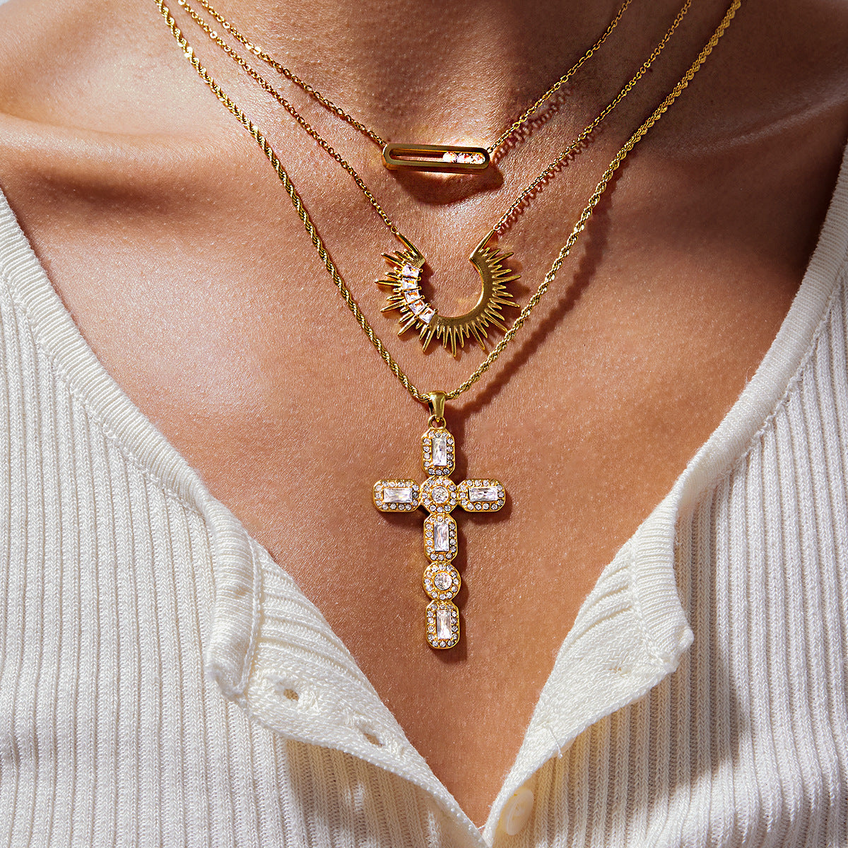 Sun Burst with Cross Layering Gold Necklace