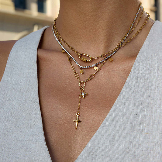 Four Pointed Shiny Star Tennis Chain Layer Necklace