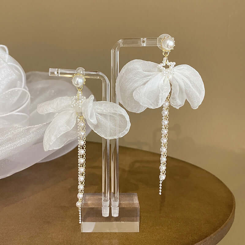 Elegant Chiffon Pearl Bow Long Chain Earrings