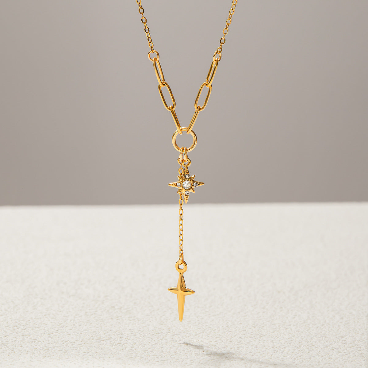 Four Pointed Shiny Star Tennis Chain Layer Necklace
