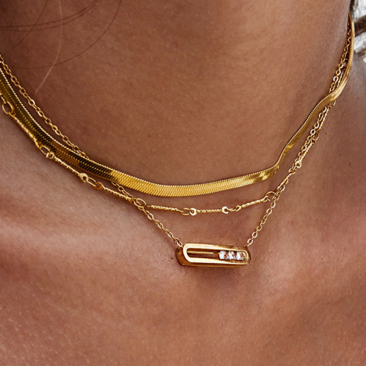 Safety Pin Herringbone Chain Necklace Set