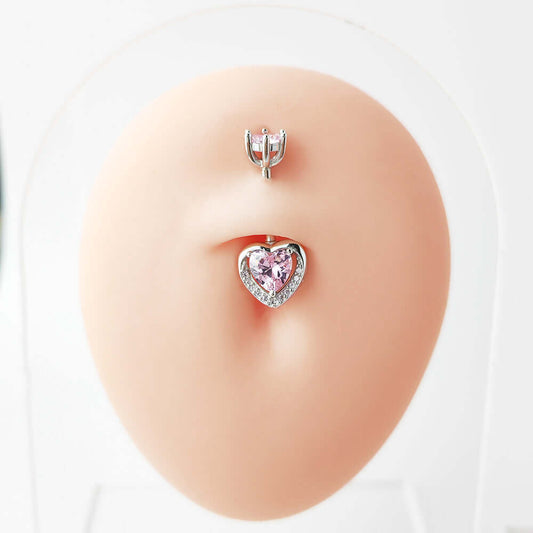 Pink CZ Heart Double Mount Belly Button Ring