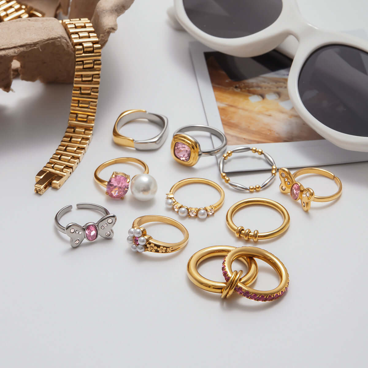 Fairy Pink Bow CZ Pearl Ring