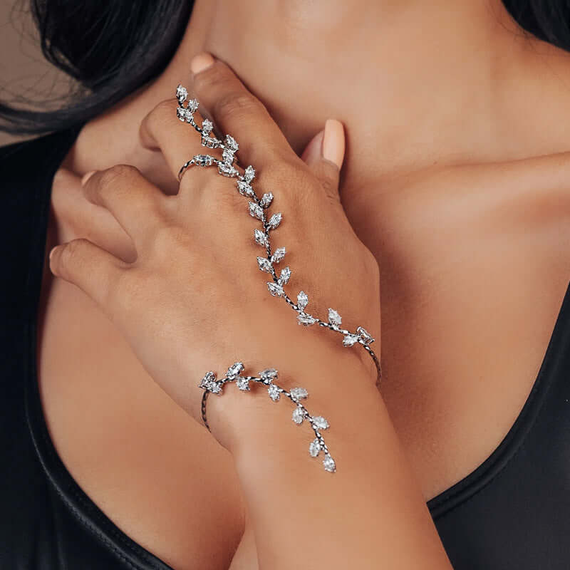 Olive Branch Leaf Bridal Hand Cuff Bracelet