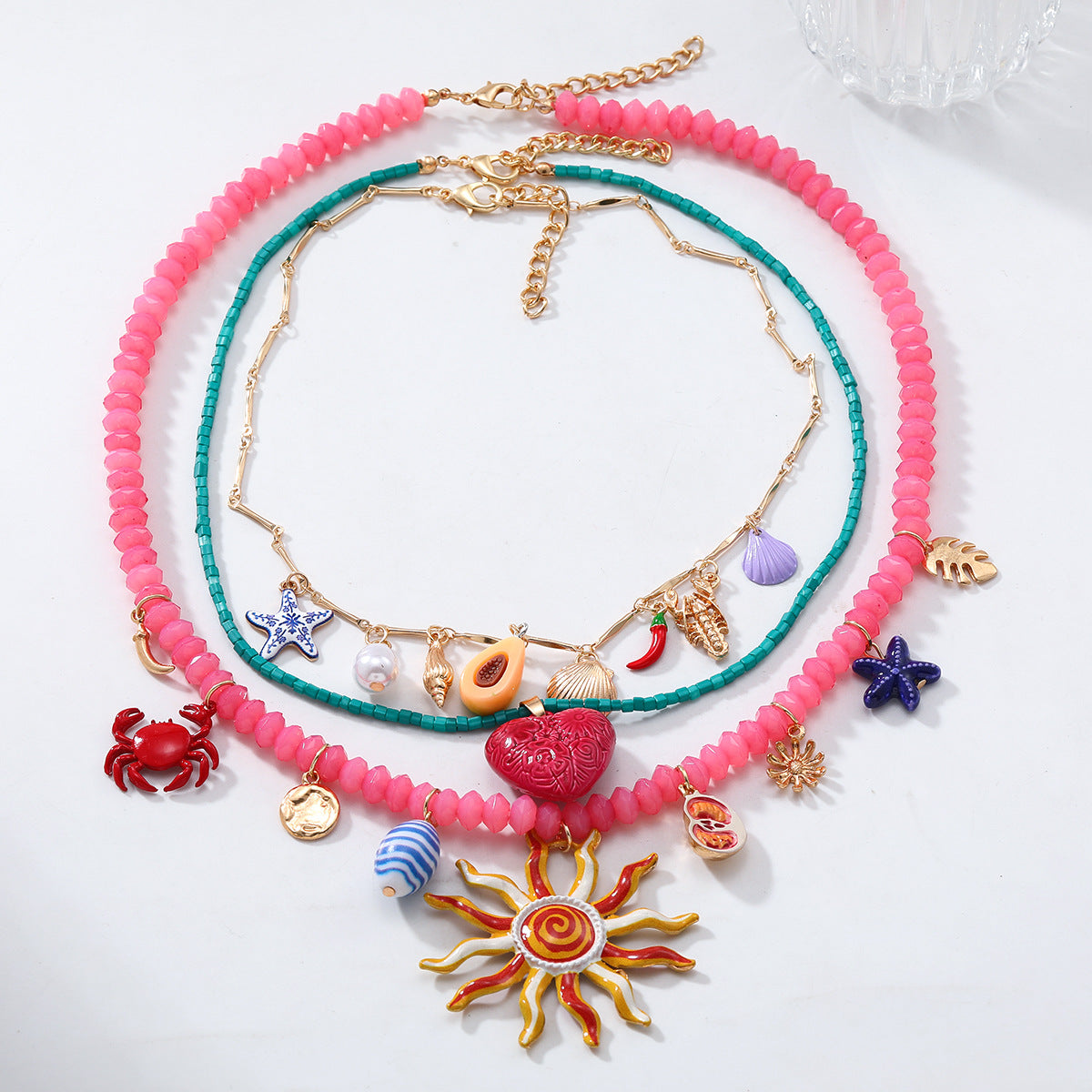 Smiley Sun Seed Bead Layering Summer Necklace