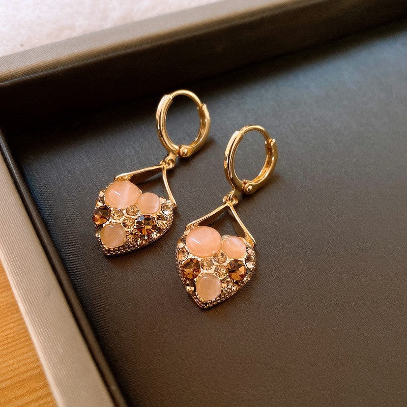 Cat Eye Stone Golden Heart Earrings Hoop