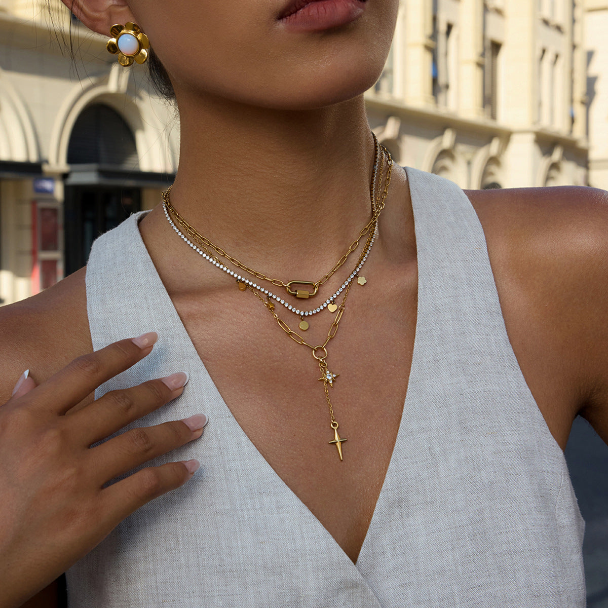 Four Pointed Shiny Star Tennis Chain Layer Necklace