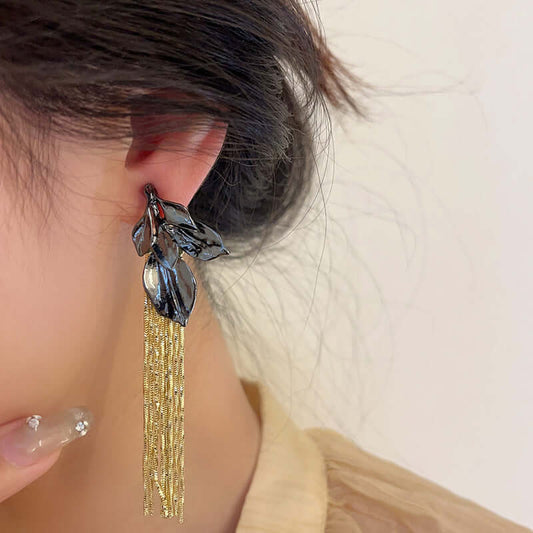 Mismatch Metallic Spiral Leaf Tassel Waterfall Earrings