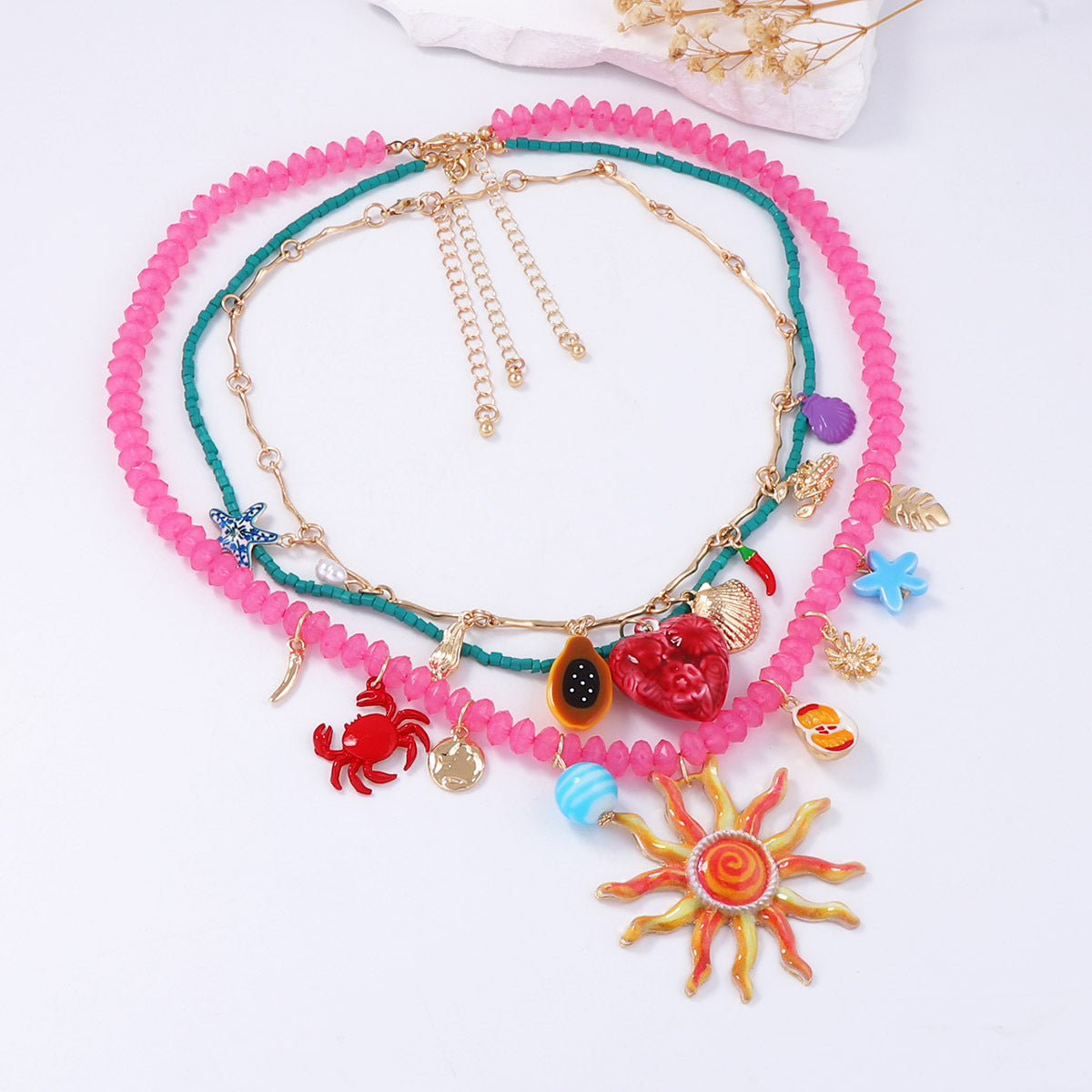 Smiley Sun Seed Bead Layering Summer Necklace