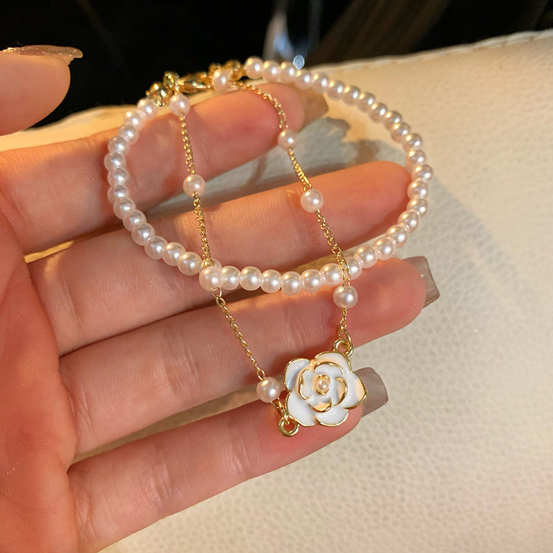 Dainty Camellia Flower Charm Pearl Bracelet