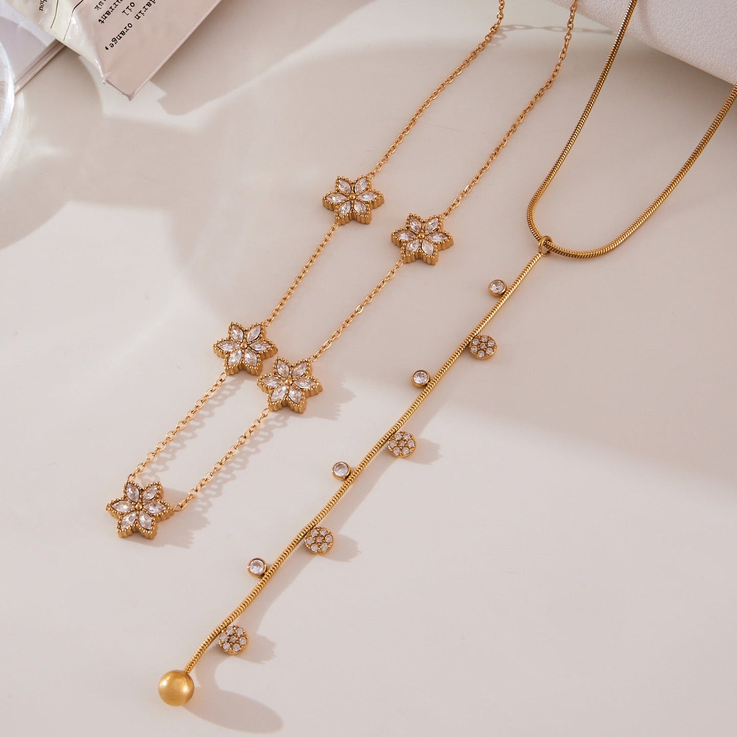 Vintage Gold Flower Lariat Necklace Layered