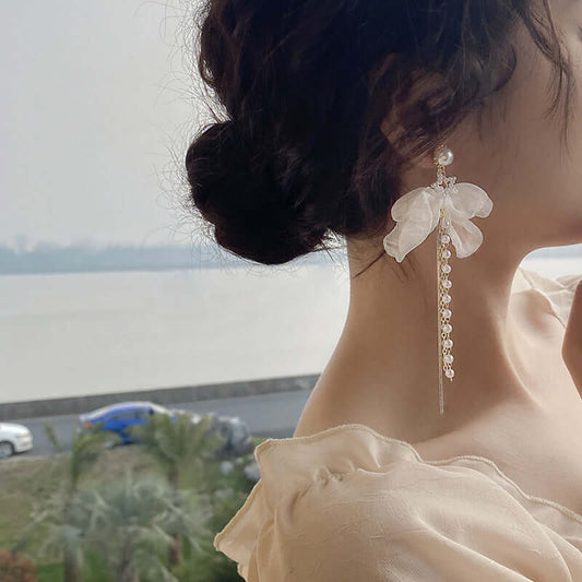 Elegant Chiffon Pearl Bow Long Chain Earrings