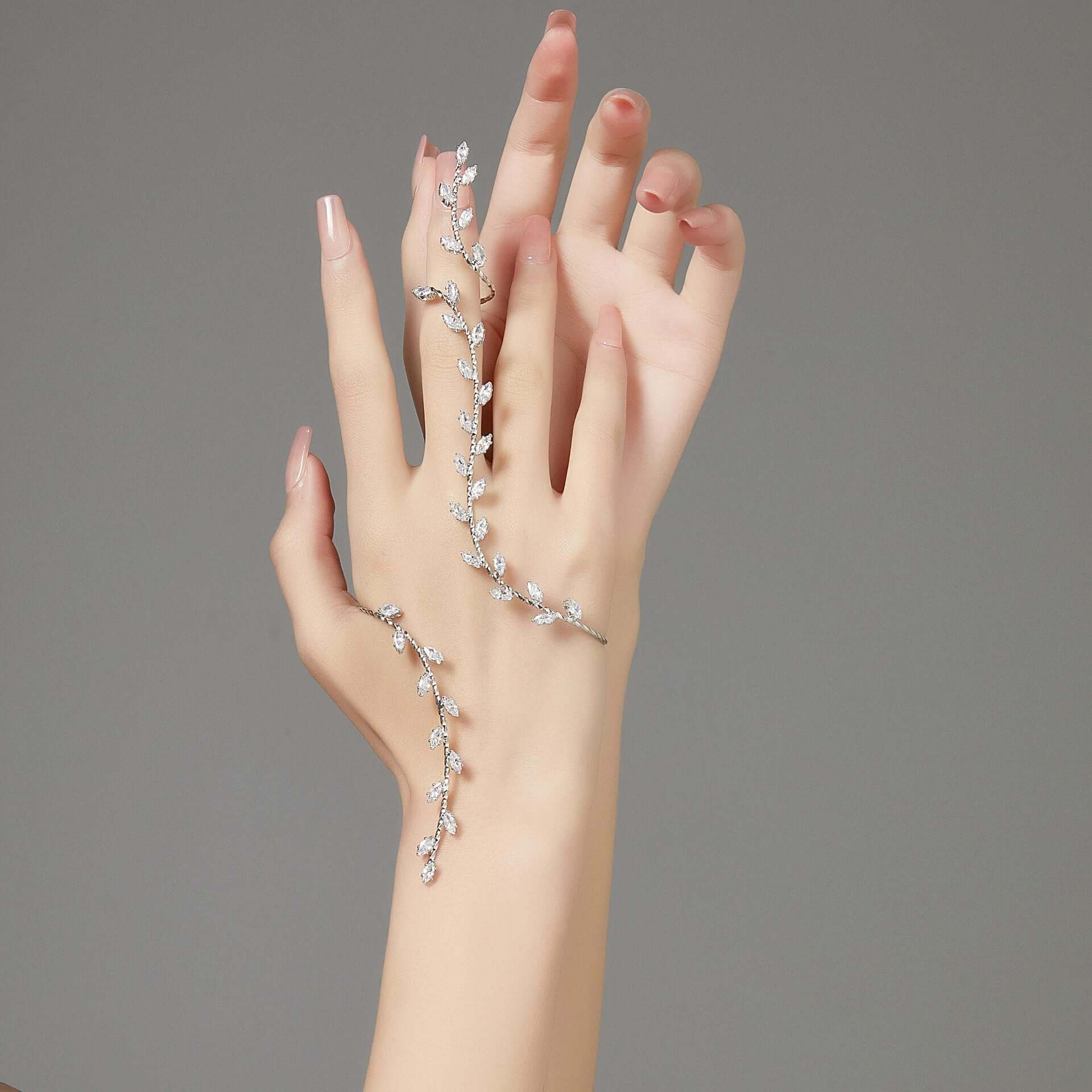 Olive Branch Leaf Bridal Hand Cuff Bracelet