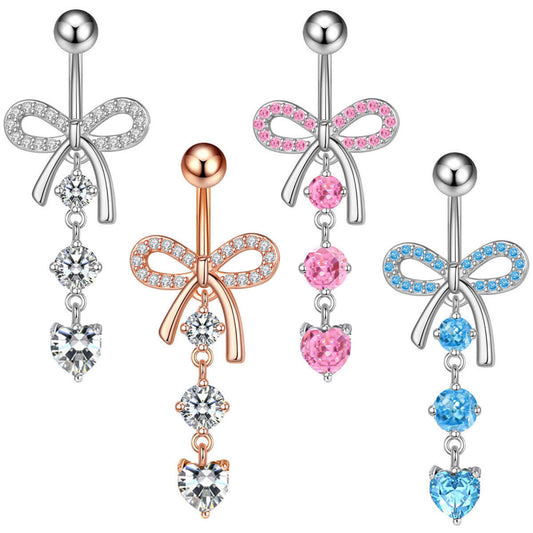 Rose Gold CZ Bow Dangle Belly Rings