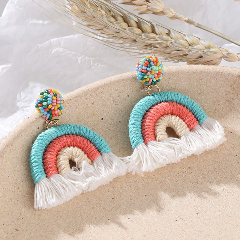 Woven Knit Rainbow Tassel Necklace