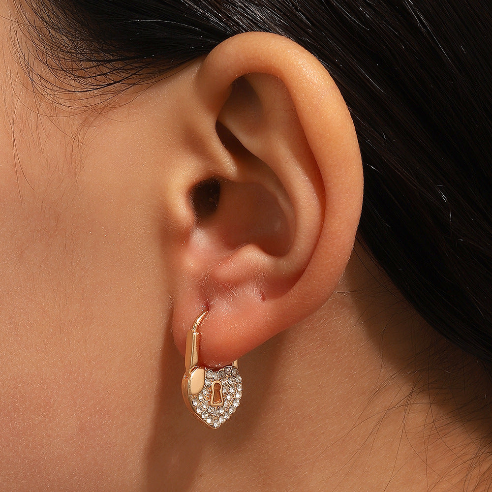 18K Gold Lock Huggies Heart Earrings