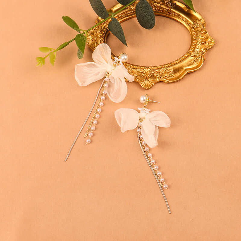 Elegant Chiffon Pearl Bow Long Chain Earrings