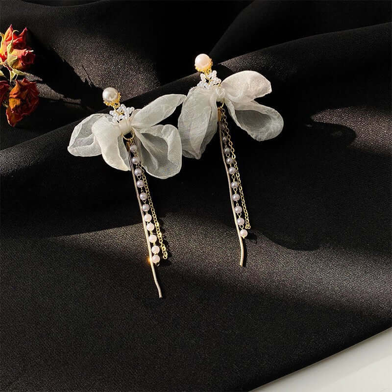 Elegant Chiffon Pearl Bow Long Chain Earrings