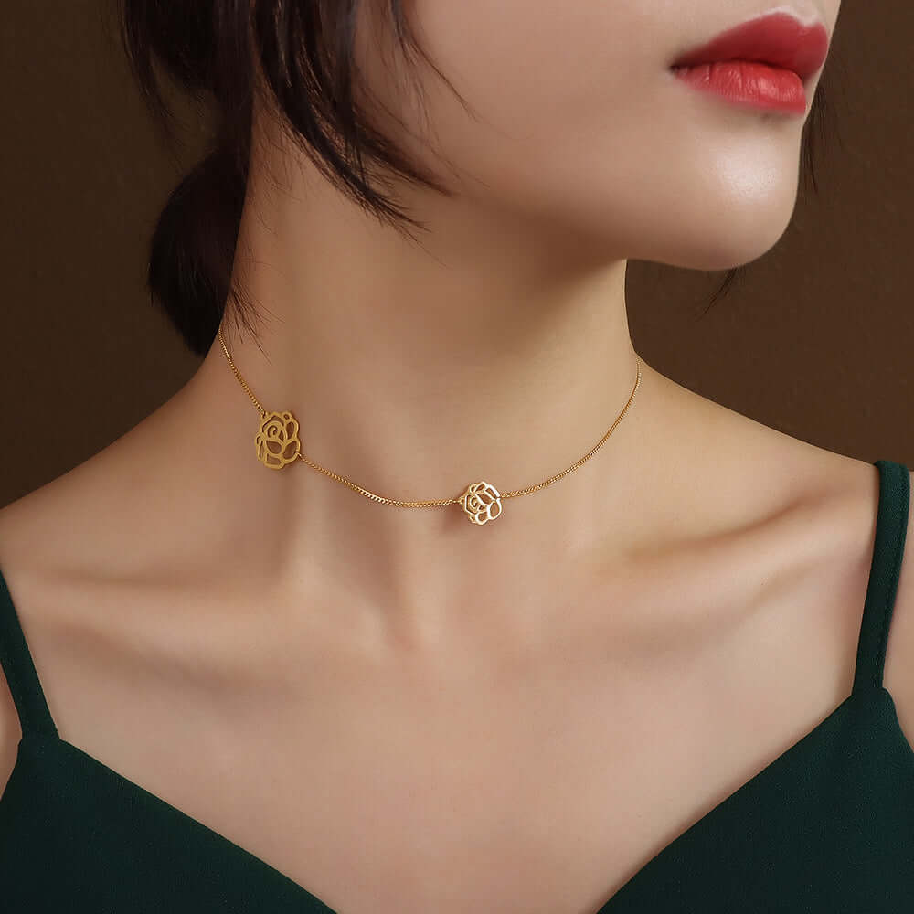 18K Gold Black Rose Choker Necklace