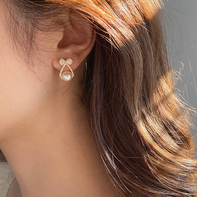Pearl Crystal Ribbon Stud Earrings